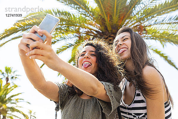 Two playful female friends taking a selfie under a palm tree
