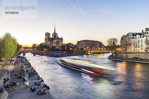 France  Paris  Tourist boat on Seine river with Notre Dame cathedral in background