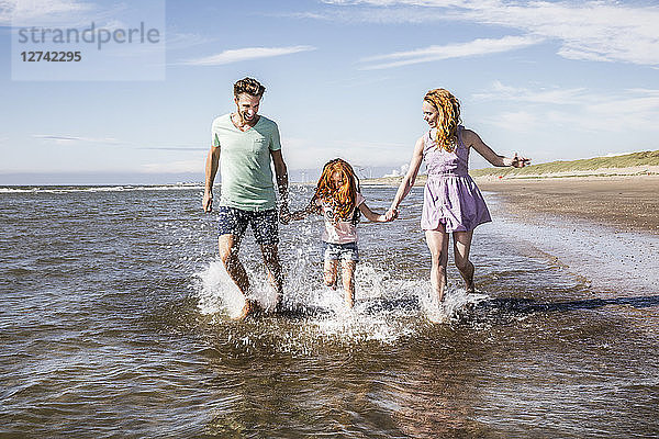 Netherlands  Zandvoort  happy family splashing in the sea