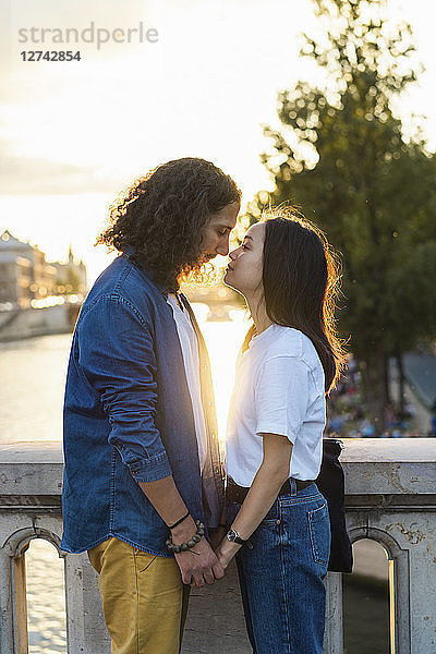 France  Paris  affectionate young couple at river Seine at sunset