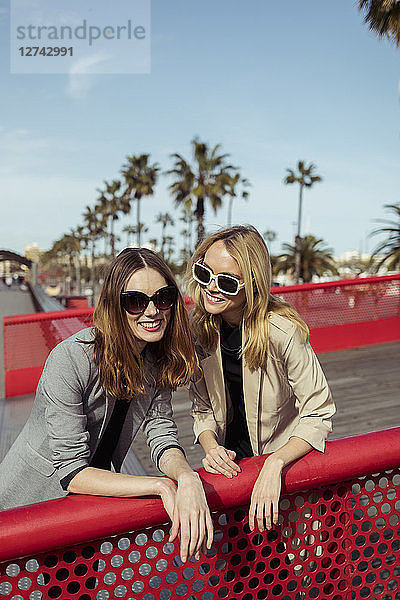 Portrait of two fashionable young women wearing sunglasses