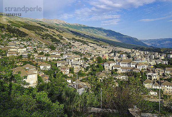 Albania  Gjirokaster  city view and Mali i Gjere mountains