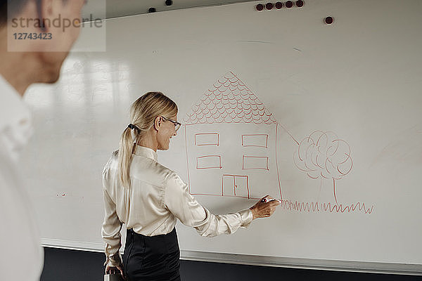 Businesswoman drawing house on whiteboard