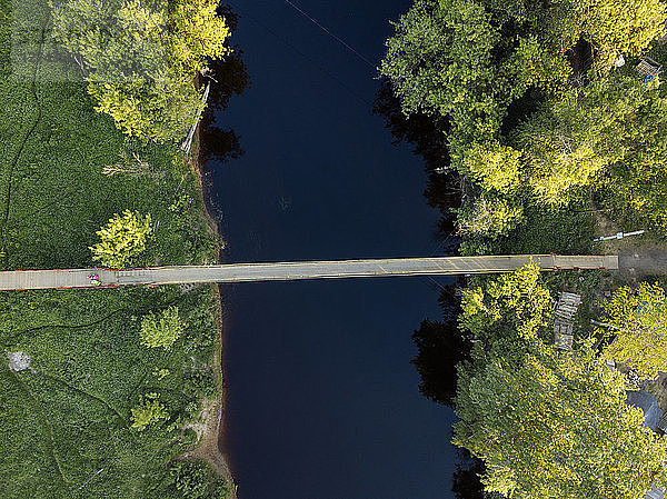 Russia  Leningrad Oblast  Tikhvin  Aerial view of Tikhvinka River and bridge