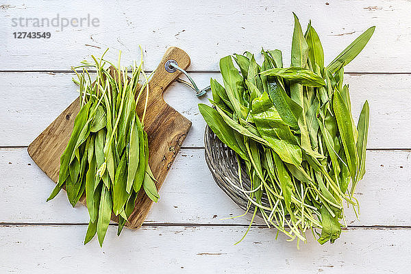 Ramson on wooden board and wickerbasket