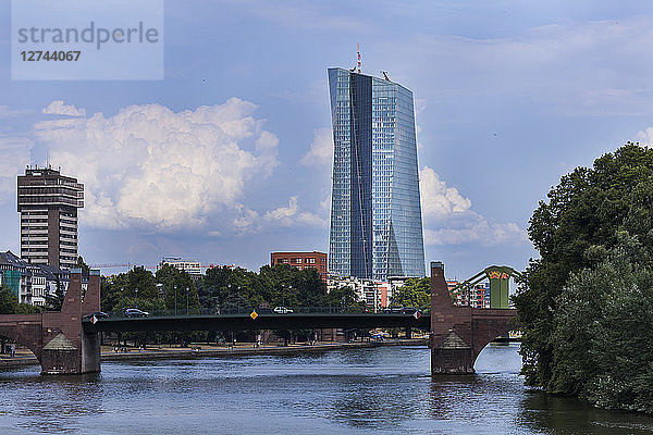 Germany  Frankfurt  view to European Central Bank with Old Bridge over Main River in the foreground