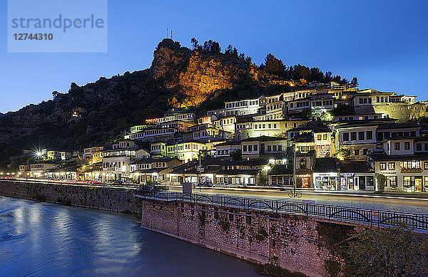 Albania  Berat County  Berat  Mangalem  Ottoman houses and castle rock at blue hour
