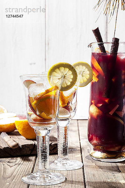 Glass carafe of Sangria with fresh fruits