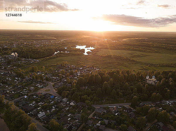 Russia  Leningrad Oblast  Aerial view of Tikhvin at sunset