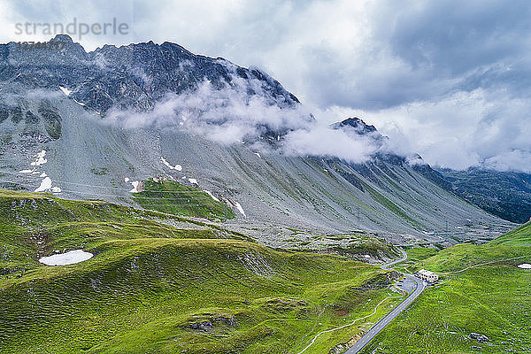 Switzerland  Graubuenden Canton  Aerial view of Albula Pass and hospice