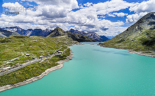 Switzerland  Graubuenden Canton  Aerial view of Lago Bianco and railway track Bernina Pass