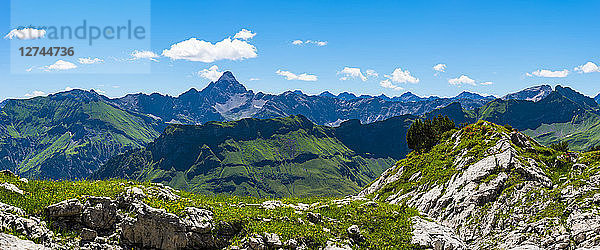 Germany  Bavaria  view from Koblat at Nebelhorn Mountain to Hochvogel Mountain