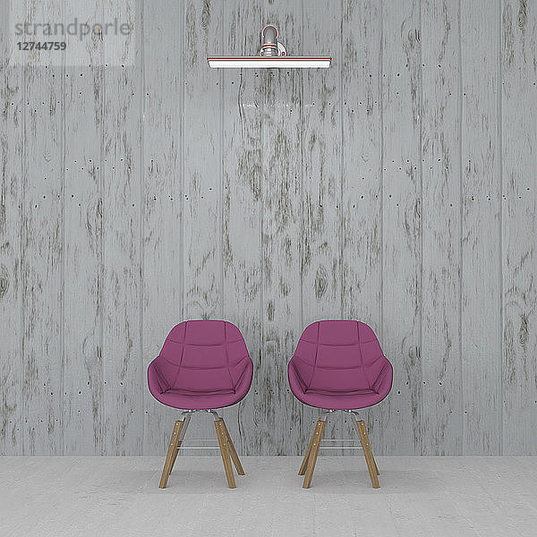 3D rendering  Two chairs in front on wall  lit by wall lamp