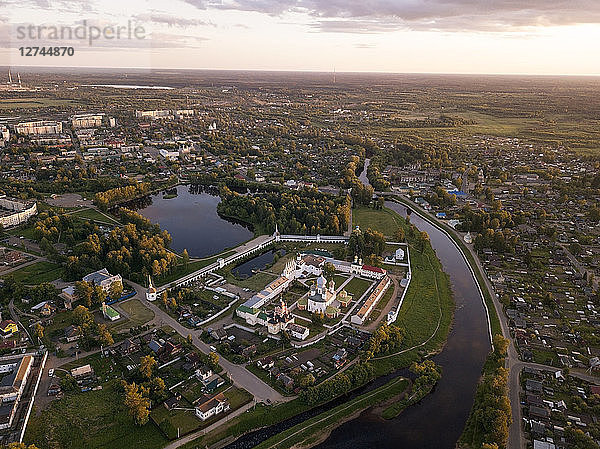 Russia  Leningrad Oblast  Aerial view of Tikhvin  Uspenski Cathedral in the evening light