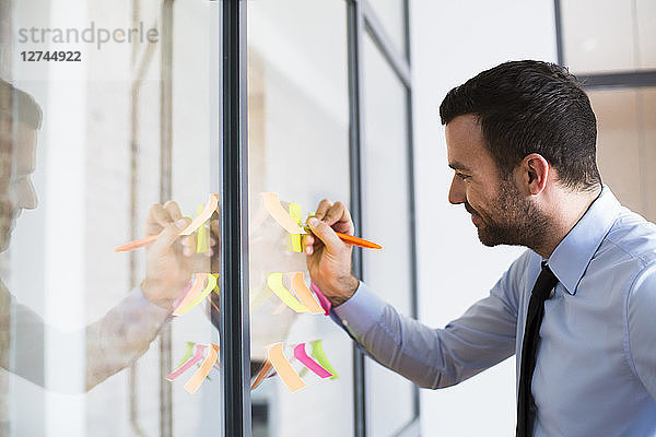 Businessman in office writing on adhesive note on glass wall