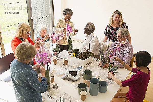 Active seniors enjoying flower arranging class