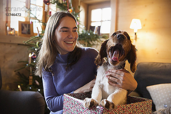 Glückliches Teenager-Mädchen mit gähnendem Hund in Weihnachtsgeschenkbox