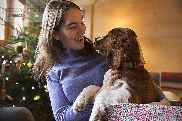 Teenager-Mädchen streichelt Hund in Weihnachtsgeschenkbox