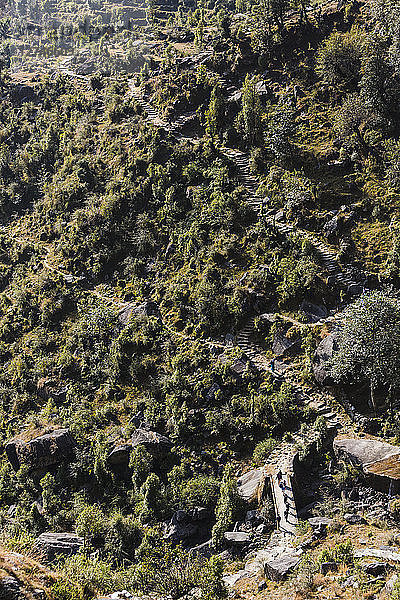 Sonnige Aussicht  zerklüfteter Vorgebirgspfad  Supi Bageshwar  Uttarakhand  Vorgebirge des indischen Himalajas
