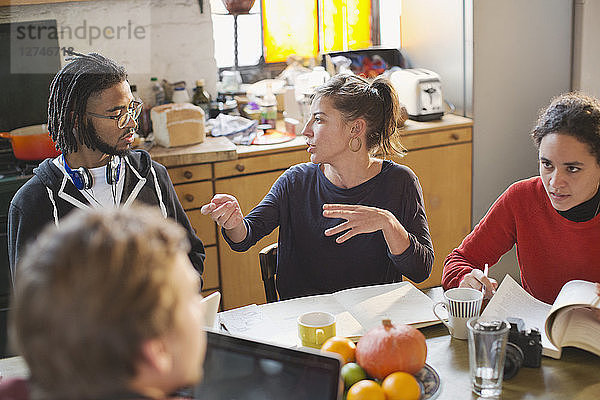Junge College-Studenten  die am Küchentisch in einer Wohnung lernen und sich unterhalten