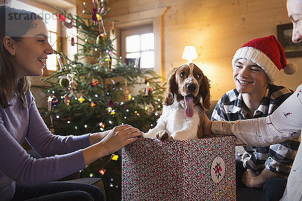 Glückliche Familie mit Hund in Weihnachtsgeschenkbox