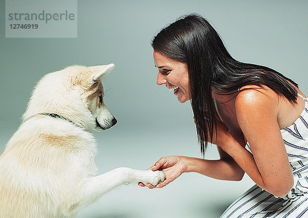 Smiling woman shaking dogs paw