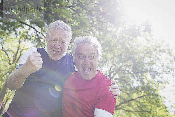 Portrait exuberant active senior men cheering in sunny park