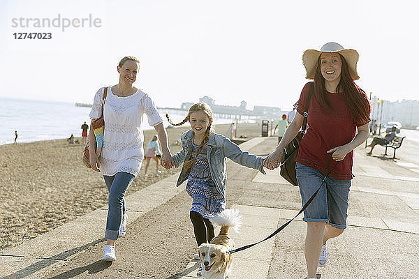 Lesbian couple walking with daughter and dog on sunny beach boardwalk