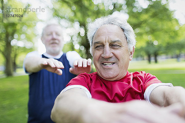 Active senior men exercising in park
