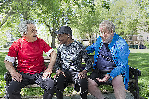 Active senior men friends talking on park bench
