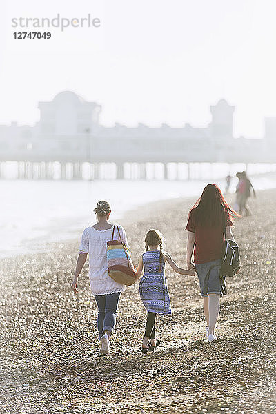 Lesbian couple and daughter holding hands on sunny beach