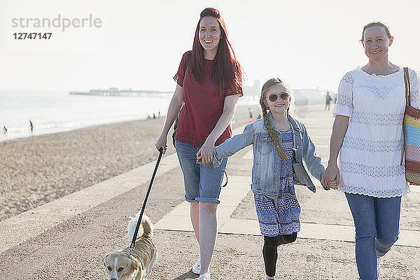 Affectionate lesbian couple with daughter and dog walking on sunny beach boardwalk