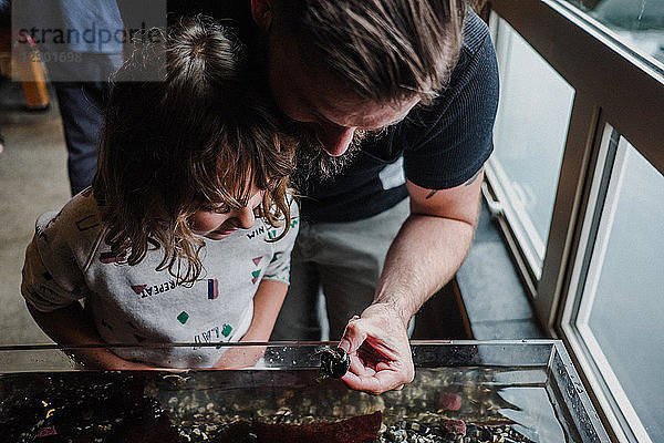 Vater und Tochter entdecken das Meeresleben im Aquarium
