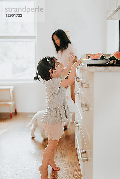 Mädchen auf Zehenspitzen nach Wassermelone in der Küche  Mutter im Hintergrund