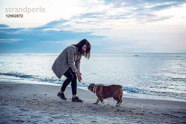Junge Frau spielt mit Haushund am Strand