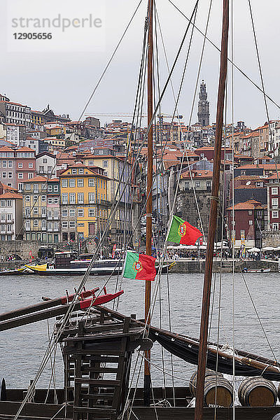 Portugal  Porto  view to the old town with Douro River and sailing ship in the foreground