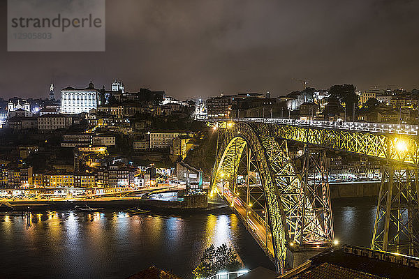 Portugal  Porto  view to the city and Ponte Luiz I Bridge over Douro river at night from Vila Nova de Gaia
