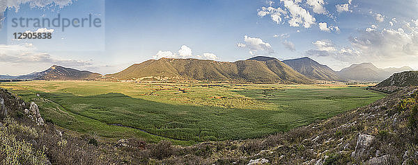 Greece  Peloponnese  Corinthia  Stymfalia  Panoramic view of ancient plateau  Lake Stymphalia