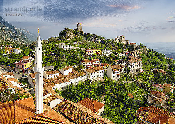 Albania  Kruje  townscape with bazaar street  Bazaar Mosque  Skanderbeg Museum and fortress