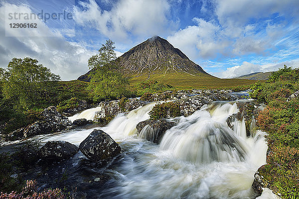 United Kingdom  Scotland  Glencoe  Highlands  Glen Coe  Coupall Falls of River Coupall with mountain Buachaille Etive Mor in background