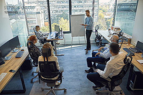 Man leading a presentation at flip chart in office