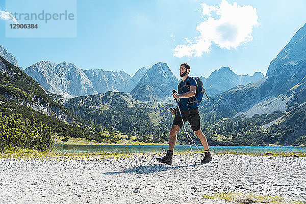 Austria  Tyrol  Man hiking at Seebensee Lake