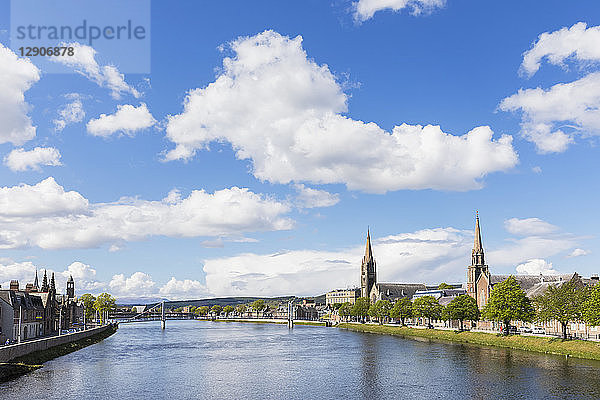 UK  Scotland  Inverness  cityscape with Greig St Bridge  Huntly Street  River Ness  Old High Church  Free Church of Scotland and Bank Street