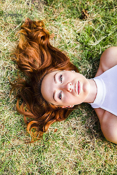 Portrait of redheaded young woman lying on a meadow