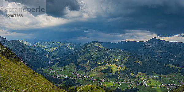 Austria  Allgaeu Alps  Vorarlberg  View from Walmendinger Horn to Little Walser Valley  approaching thunderstorm