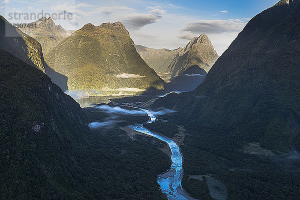 New Zealand  South Island  Fjordland National Park  Aerial view of Milford Sound