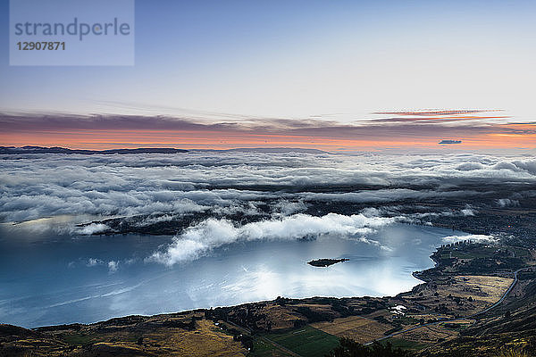 New Zealand  South Island  Otago  Aerial view of Lake Wanaka at sunrise