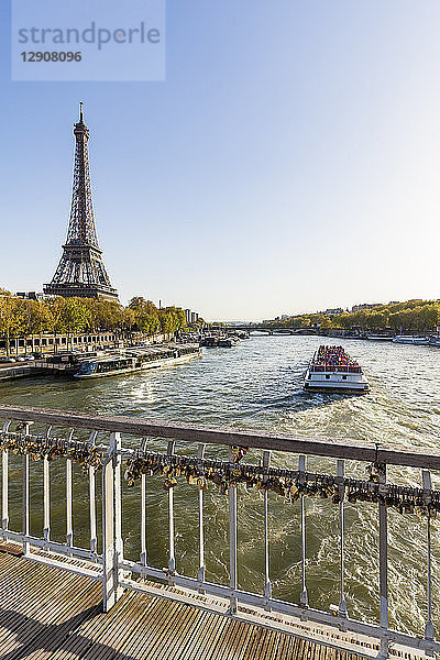 France  Paris  tourboat on Seine river  Eiffel Tower