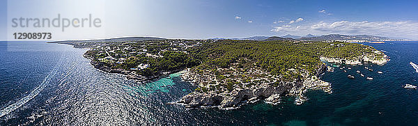 Spain  Mallorca  Aerial view of bay Cala Falco and Cala Bella Donna