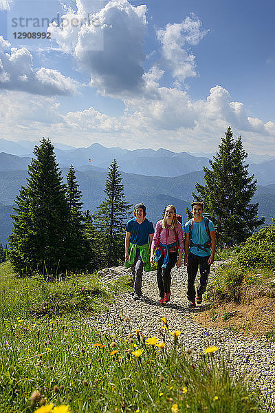 Germany  Bavaria  Brauneck near Lenggries  young friends hiking in alpine landscape